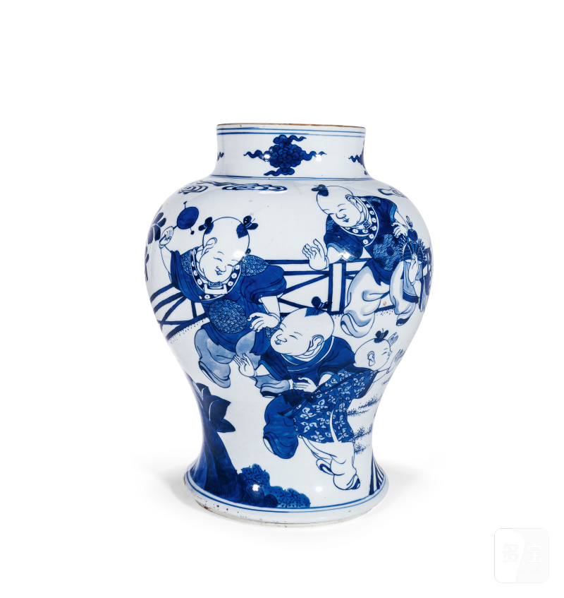 清康熙 青花婴戏图大罐 - 图2